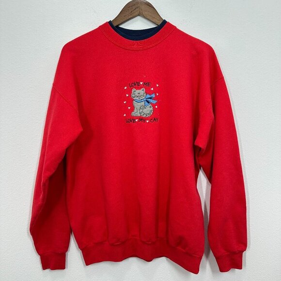 Vintage Embroidered Cat Lady Love My Cat Double Collar Red Blue Sweatshirt Large - Picture 1 of 4